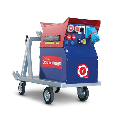 Schneeberger Generator NSGL 160 auf Fahrgestell mit Steckdosenfeld, 3/4-Ansicht auf weißem Hintergrund.
