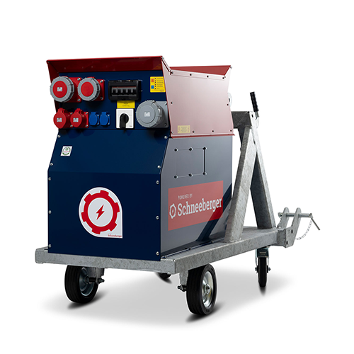 Schneeberger Generator NSGL 63–85 auf Fahrgestell, 3/4-Ansicht auf weißem Hintergrund.